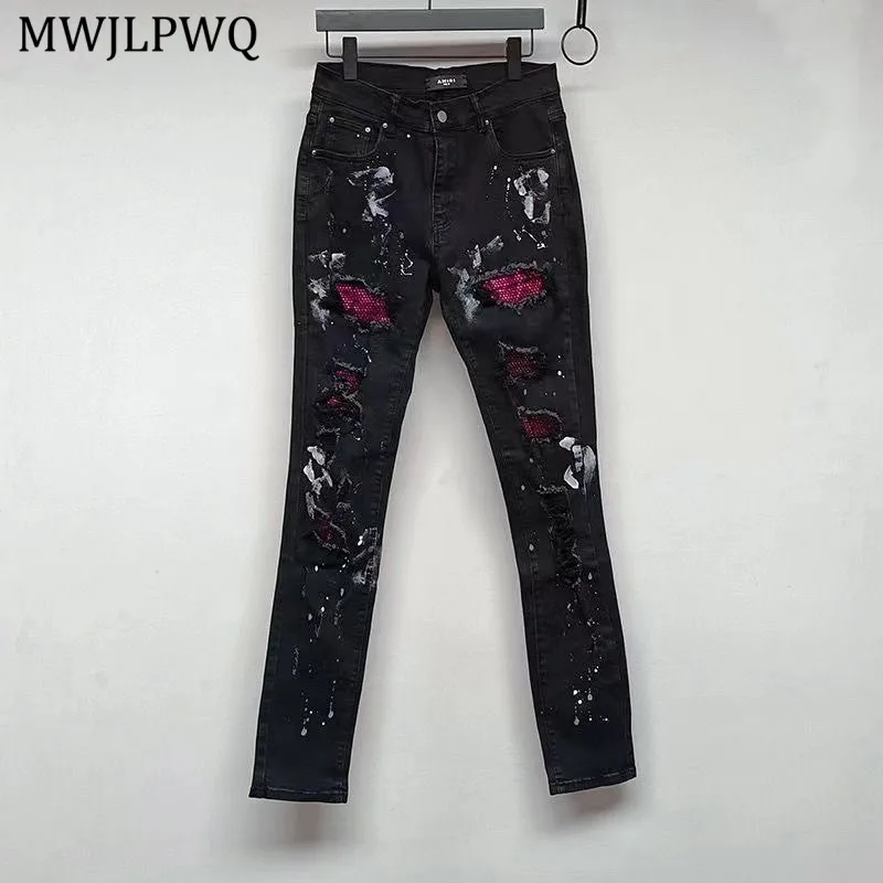 

MWJLPWQ High-quality Rhinestone Design Jeans Male Hole Hiphop Skinny Pants High Street Distressed Slimming Flared Trousers 11245