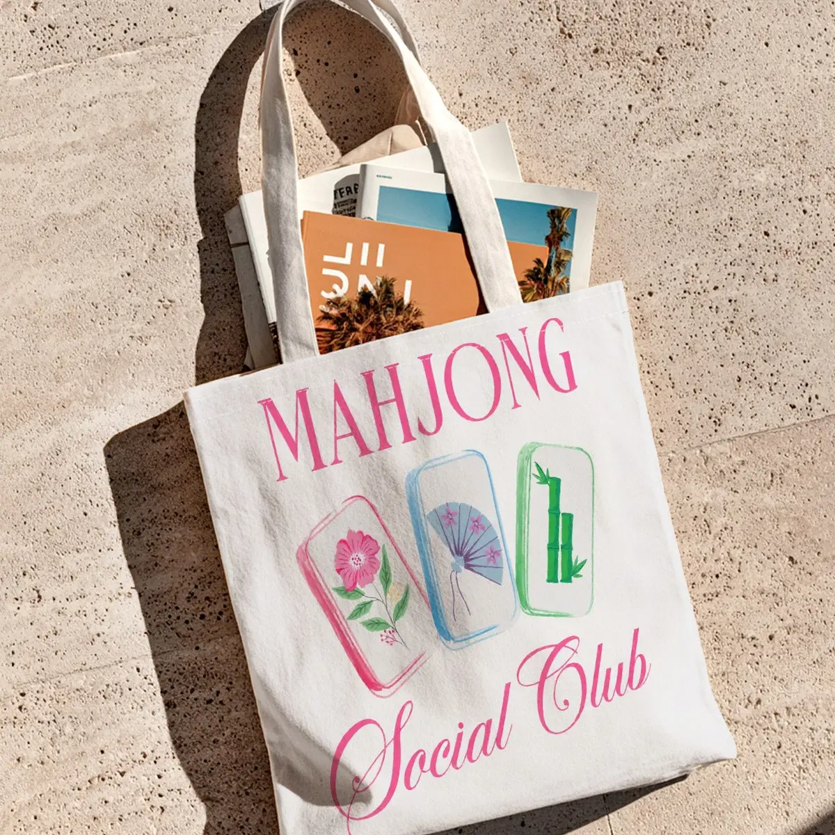 Watercolor Art of Mahjong Tiles Blue Fans, And Green Bamboo. Ideal for Grocery Shopping, Beach Trips, And Mahjong Club Meetups