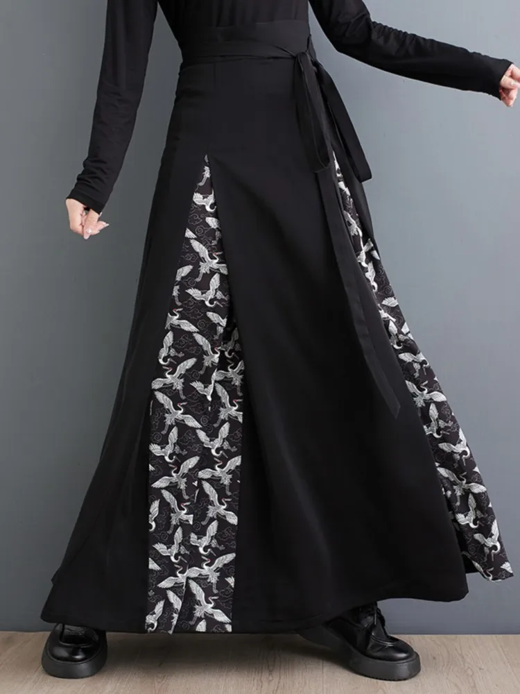 Autumn One Piece Long Skirt Women Chinese Style Print Fashion Patchwork Pleated Ladies Skirts High Waist A-Line Woman Skirts