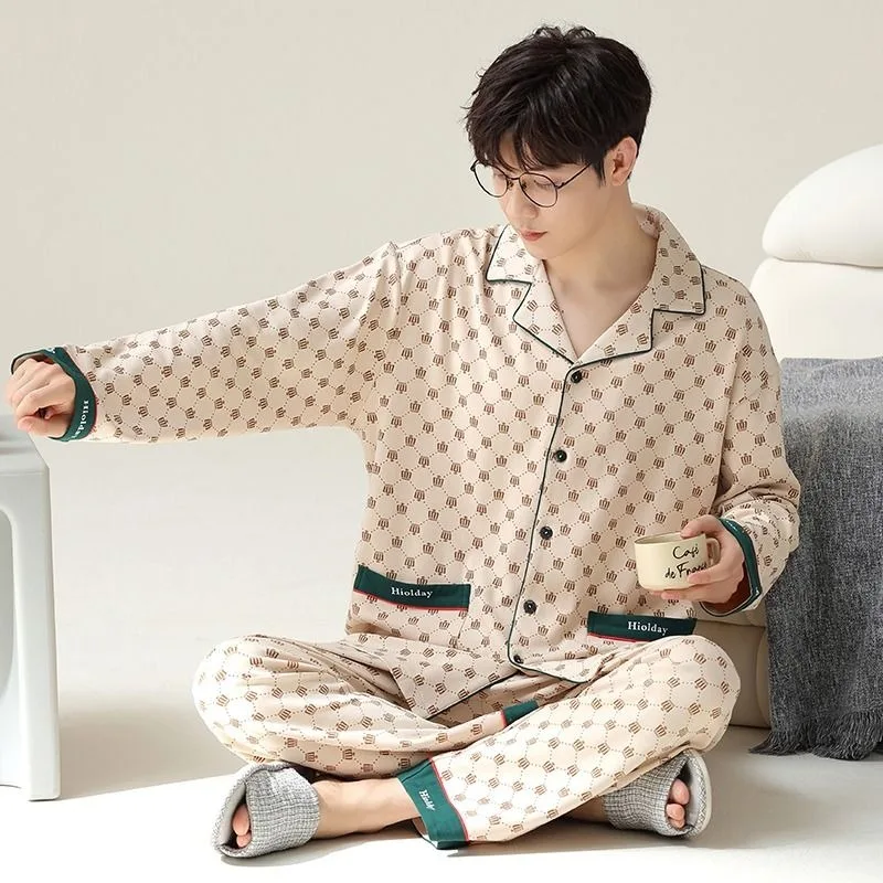 2024 New Men's Pajamas Spring Autumn Pure Cotton Loungewear Long Sleeved Sleepwear Winter V-neck Loose Printing Homewear Set