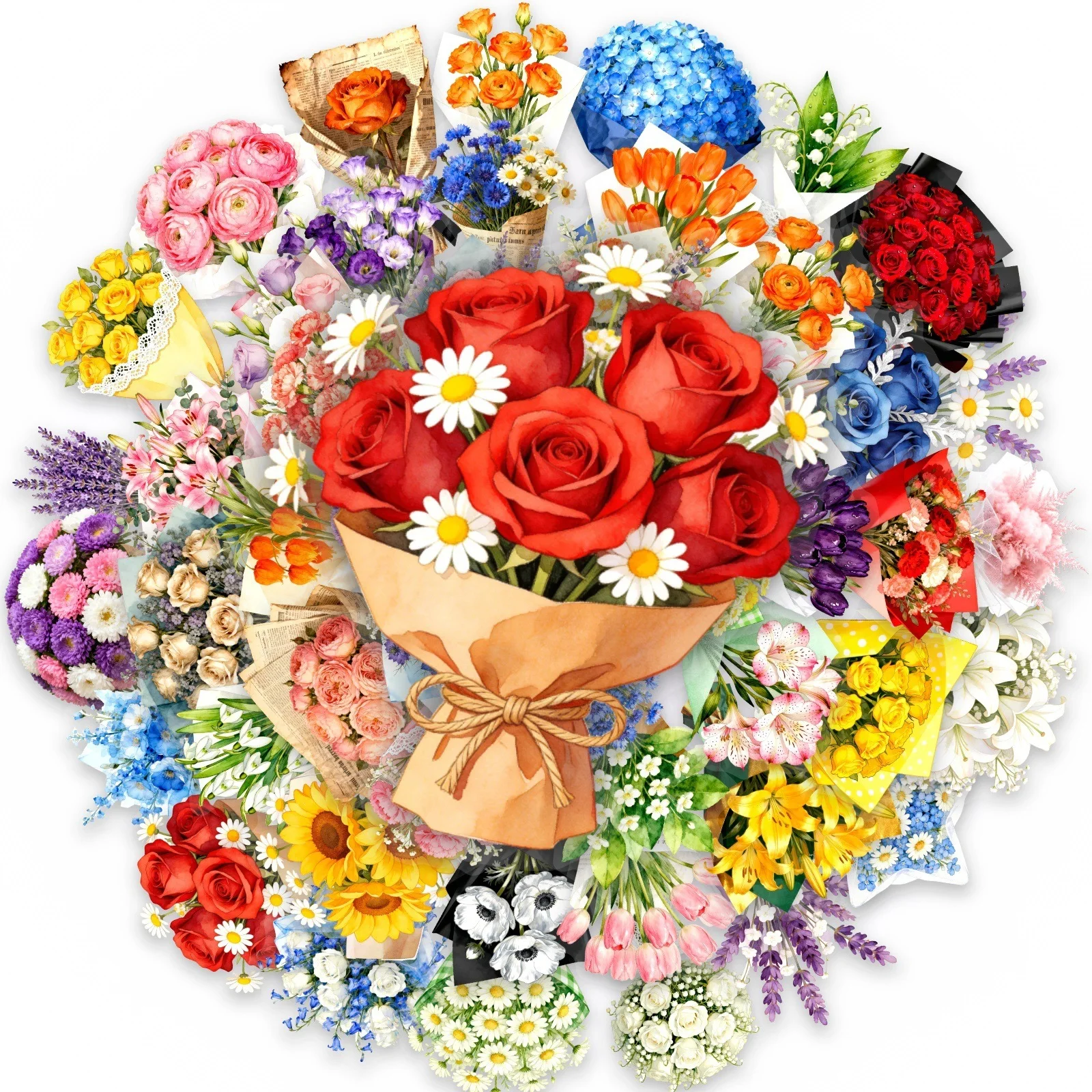 50PCS Transparent PET Stickers Watercolor Floral Bouquet Forest Style Pattern For Scrapbook Craft Decoration Graffiti Sticker