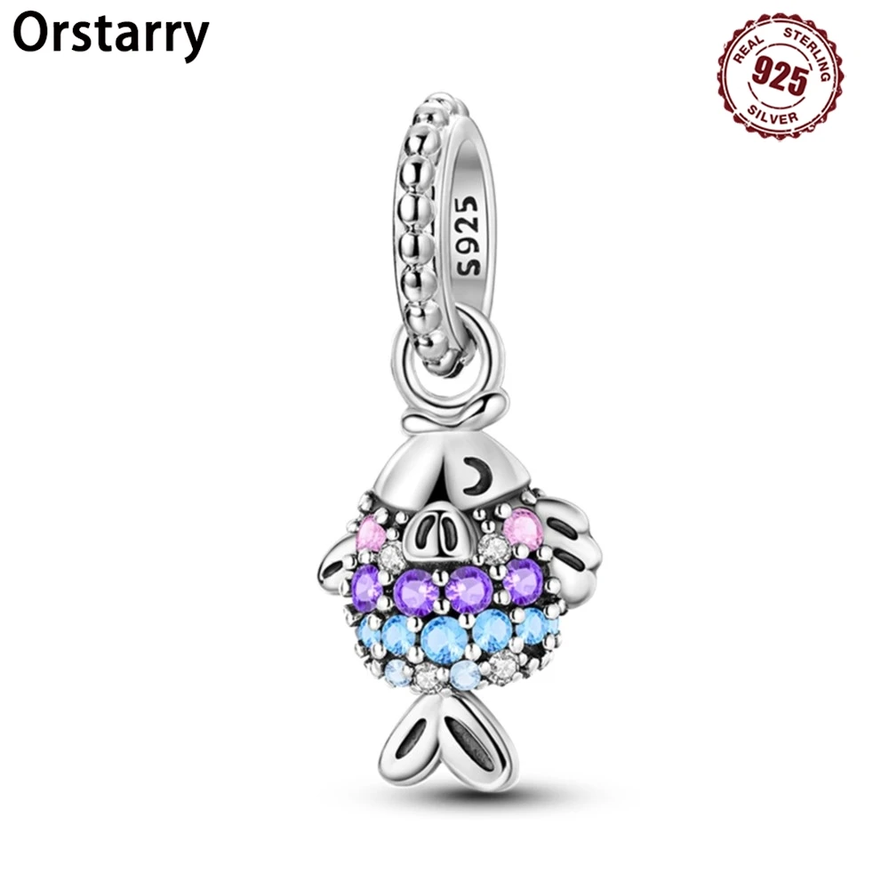 

Orstarry 925 Sterling Silver Colorful Zircon Swimming Fish Original Pendants Bracelet Charms Jewelry Party Beads DIY Trendy Gift