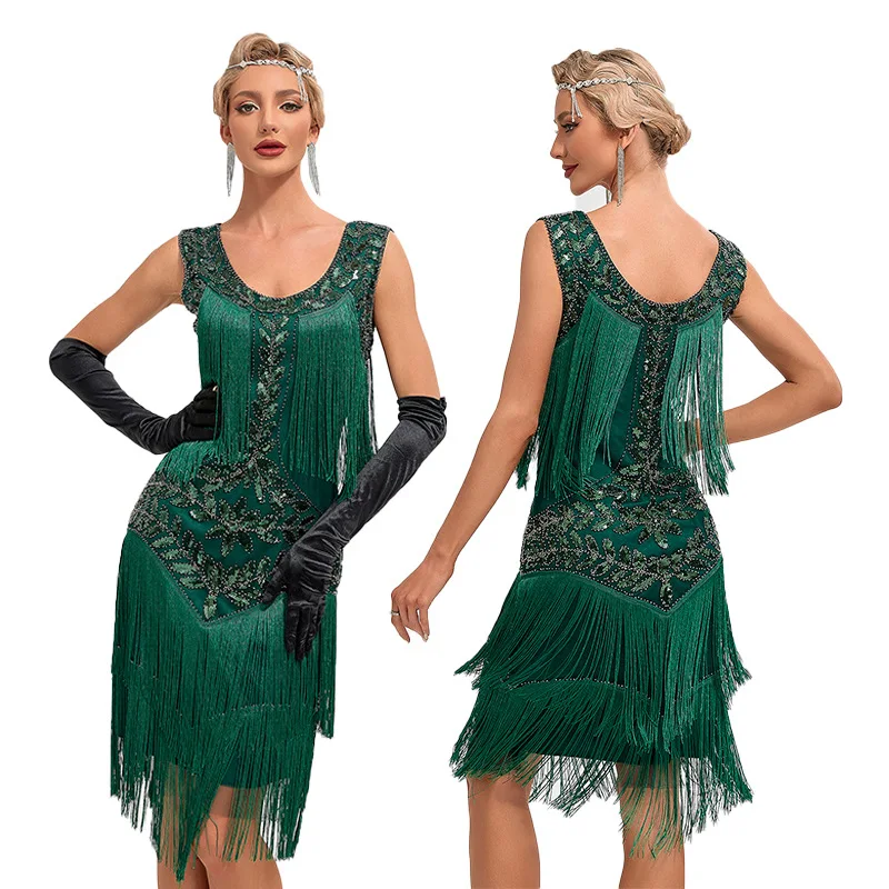

Europe America1920 Retro Gatsby Women's Clothing Dress Dance Dress Round Neck Sequins Beaded Tassel Vest Ball Dress Dance Skirt
