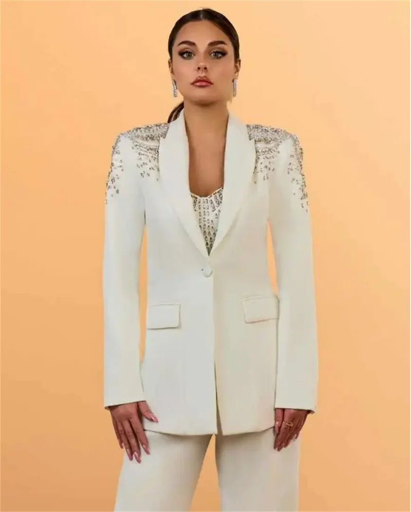 Completo da donna bianco Set 2 pezzi Cristalli Blazer + Pantaloni Pantaloni Giacca da lavoro formale da ufficio Smoking da sposa personalizzato Cappotto in cotone