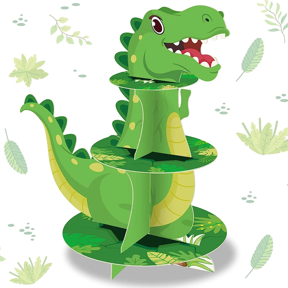 Rack de cupcake de dinossauro de 3 camadas, decoração de festa, dinossauro temático, torre de sobremesa jurássica, festa infantil, fornecimento de aniversário