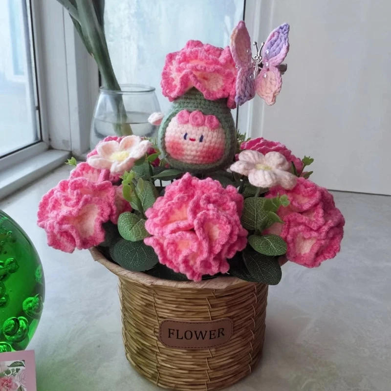 Cesta de Flores de Carnation Tejida a Crochet, Ramo Hecho a Mano para el Día de la Madre, Regalo de Edición Limitada, Decoración Creativa para el Hogar