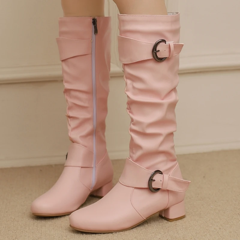 

Розовые, белые сапоги до колена, женская обувь для вечеринок, черные длинные сапоги на блочном каблуке с пряжкой на молнии, женская зимняя обувь, большой размер