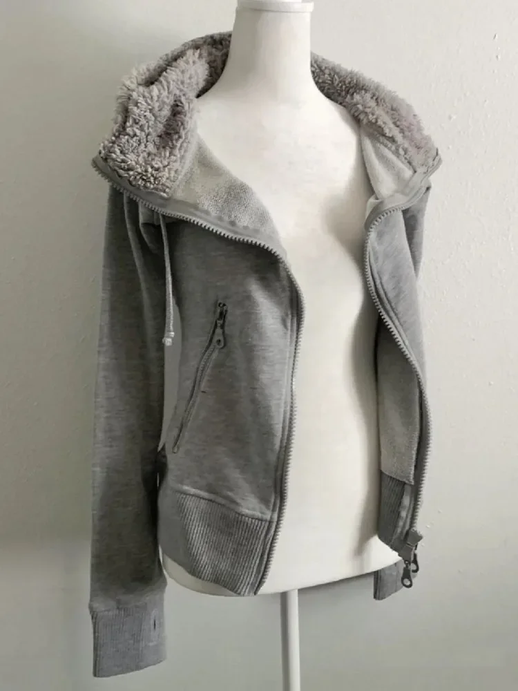 Grey Faux Fur Wool Double Zipper Jacket Hoodies Women's Slim Waist Hooded Vintage Y2k Coats Ropa Mujer Casual Fashion Sweatshirt