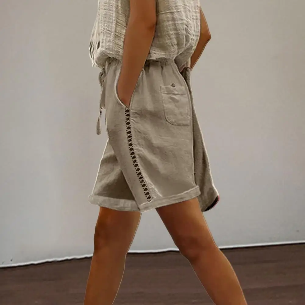 2025, damesshorts met zak, vetersluiting, taille, knielengte, zachte textuur, zweetabsorberend kant, gesplitst, losse pasvorm, zomerbroek, trainen