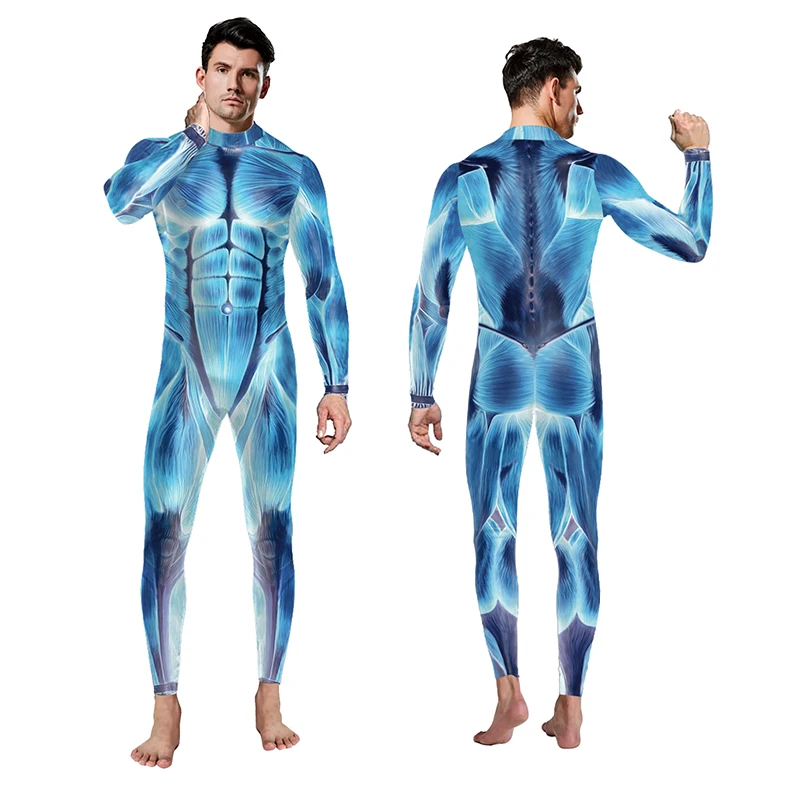 Zawaland-Human Muscle 3D impresso traje de Halloween para adultos, bodysuit zentai, roupas cosplay, macacão, calças justas para homens e mulheres