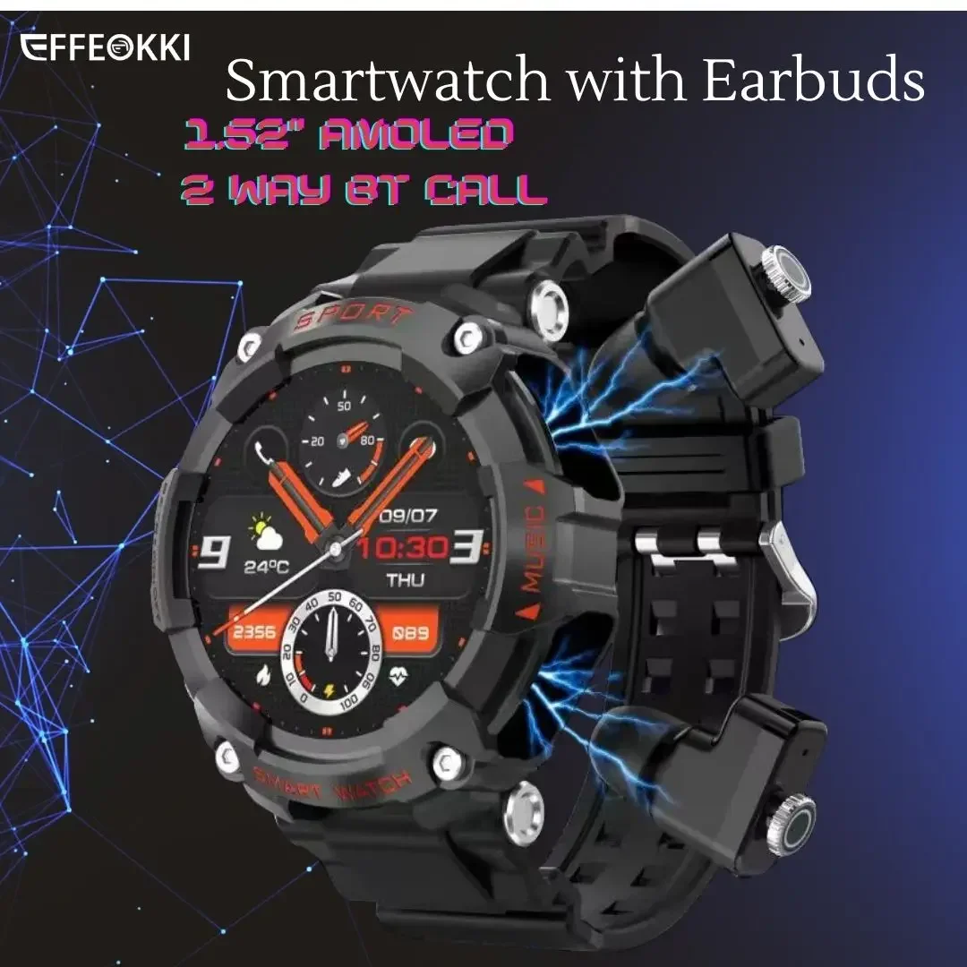 

2 in 1 Integrated Earbuds Smartwatch Audio-Enabled Wearable Tech with Audio Fitness Tracker 1.52 Inch Amoled Sports Watch