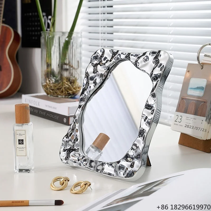 

Minimalist Irregular Water Wave Plastic Frame Desktop Mirror Portable Cosmetic Mirror For Student Dormitory