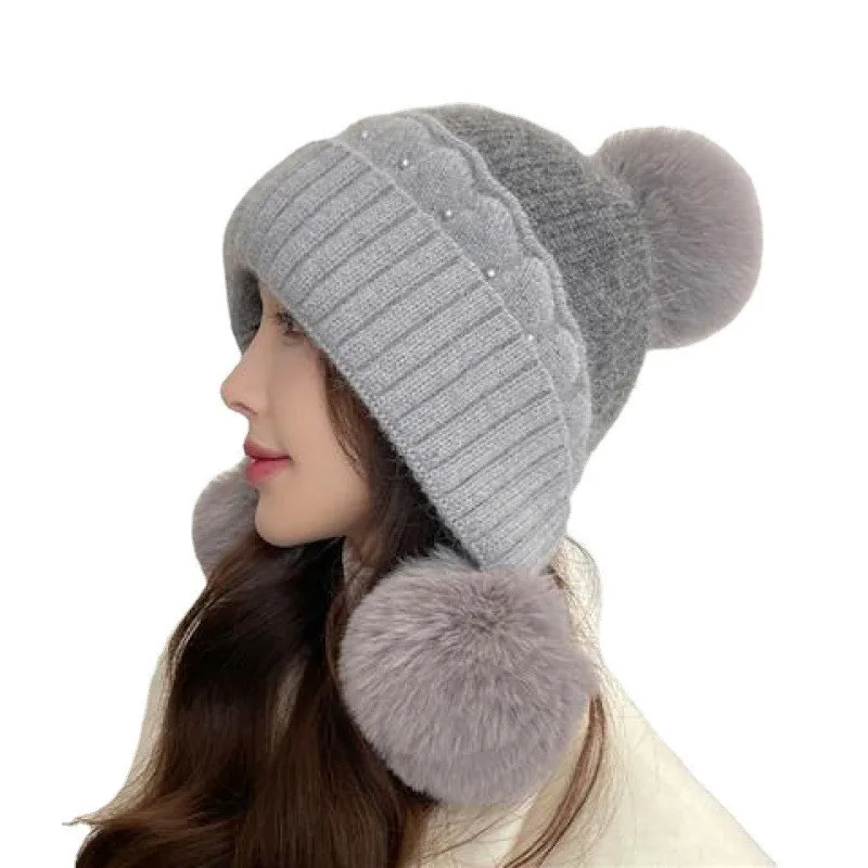 

Woolen Cap Women Autumn Winter Hat Sweet Lovely Warm Cold Cap Fashion Ear Protection Padded Thickened cold-proof Knitted Caps