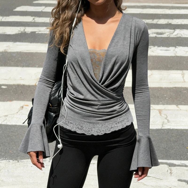 

TARUXY, искусственная двухсекционная футболка с кружевными вставками, женская сексуальная футболка с глубоким v-образным вырезом, однотонная, тонкая, с морщинами, элегантный топ с длинными рукавами, женский новый топ