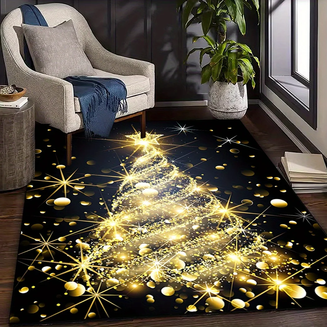 VIKAMA Glitter Golden Christmas Tree Area Rug,Non‑Slip Large Living‑Room Sparkle Star Light Print Carpet for Holiday Home Decor