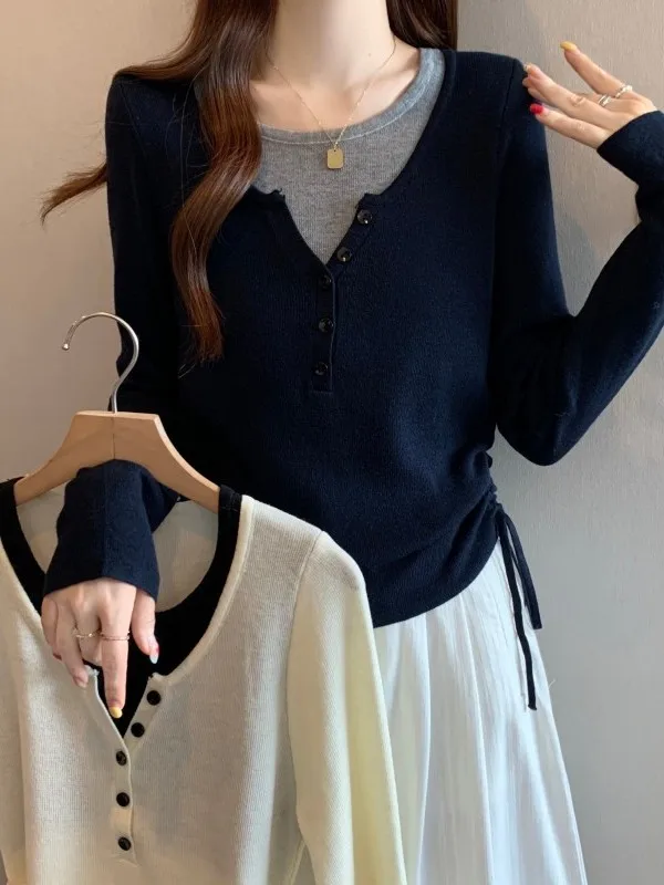 

Осенний новый женский вязаный длинный топ размера плюс со шнурком, повседневный Sle f с открытым воротником на талии и внутренним дизайном