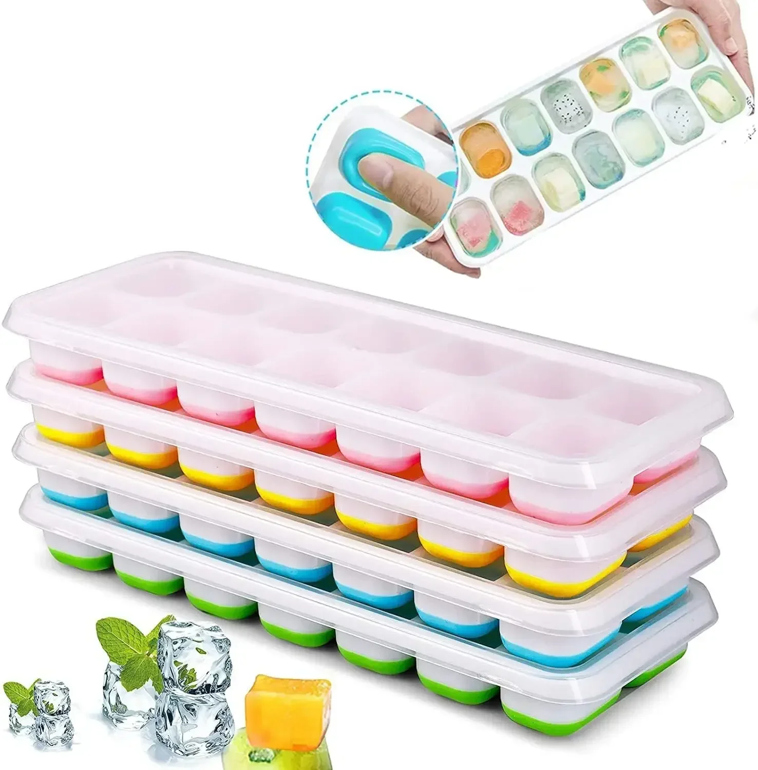 14 Grids Ice Cube Trays Reusable Silicone Ice cube Mold Fruit Ice Maker with Removable Lids Kitchen Tools Freezer Summer Mould