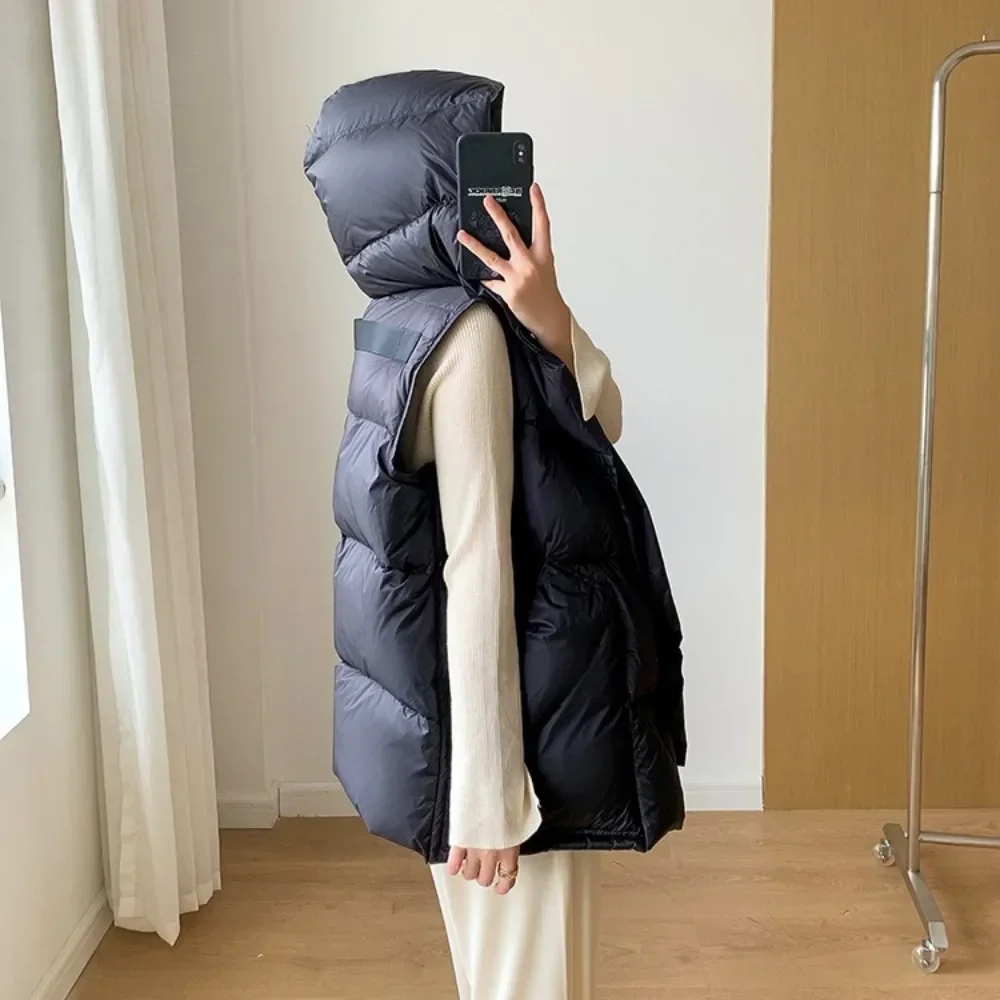 Duck Down Warm Streetwear Pocket Sleeveless Jacket Oversize Puffer Coat Outerwear Hooded Waistcoat Woman 2024 Autumn Winter