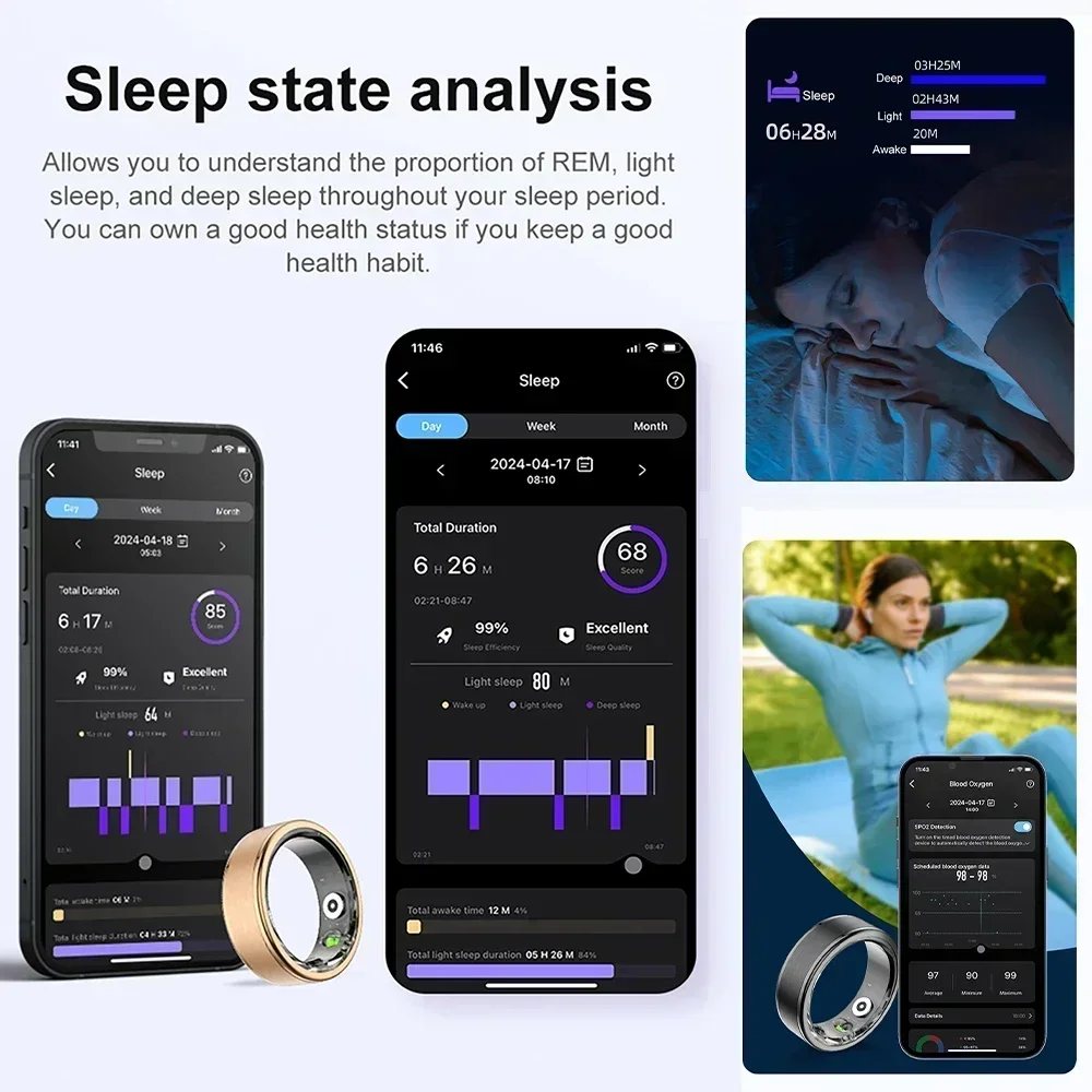 LlNuyoah R03 Smart Ring Sleep Health Monitoring IP68 & 3ATM Waterproof Multi Sports for IOS and Android Men Women Smart Ring