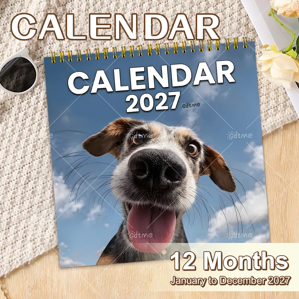 2027 Dog Wall Calendar, Funny Close-up Puppy Portrait Scenery, Spiral Bound Monthly Pet Home Decor Hanging Calendar