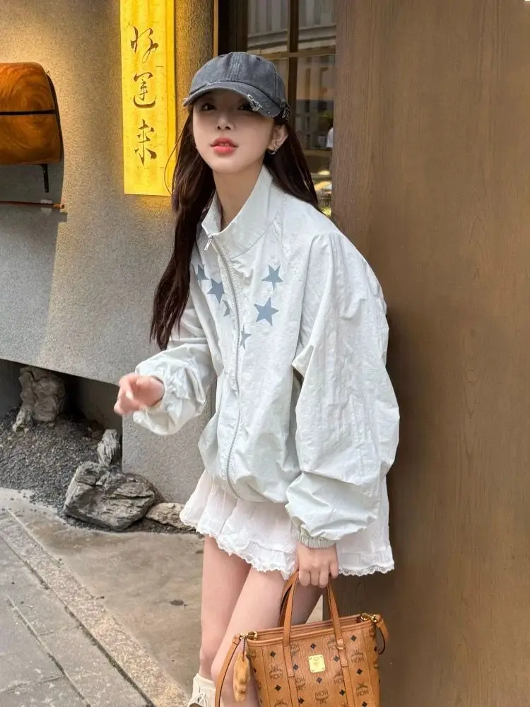 

Summer Thin Ice Silk Sun Protection Coat Women 2025 New Stand Collar Zipper Tops Mujer Y2k Loose Long Sleeve Gray Jackets