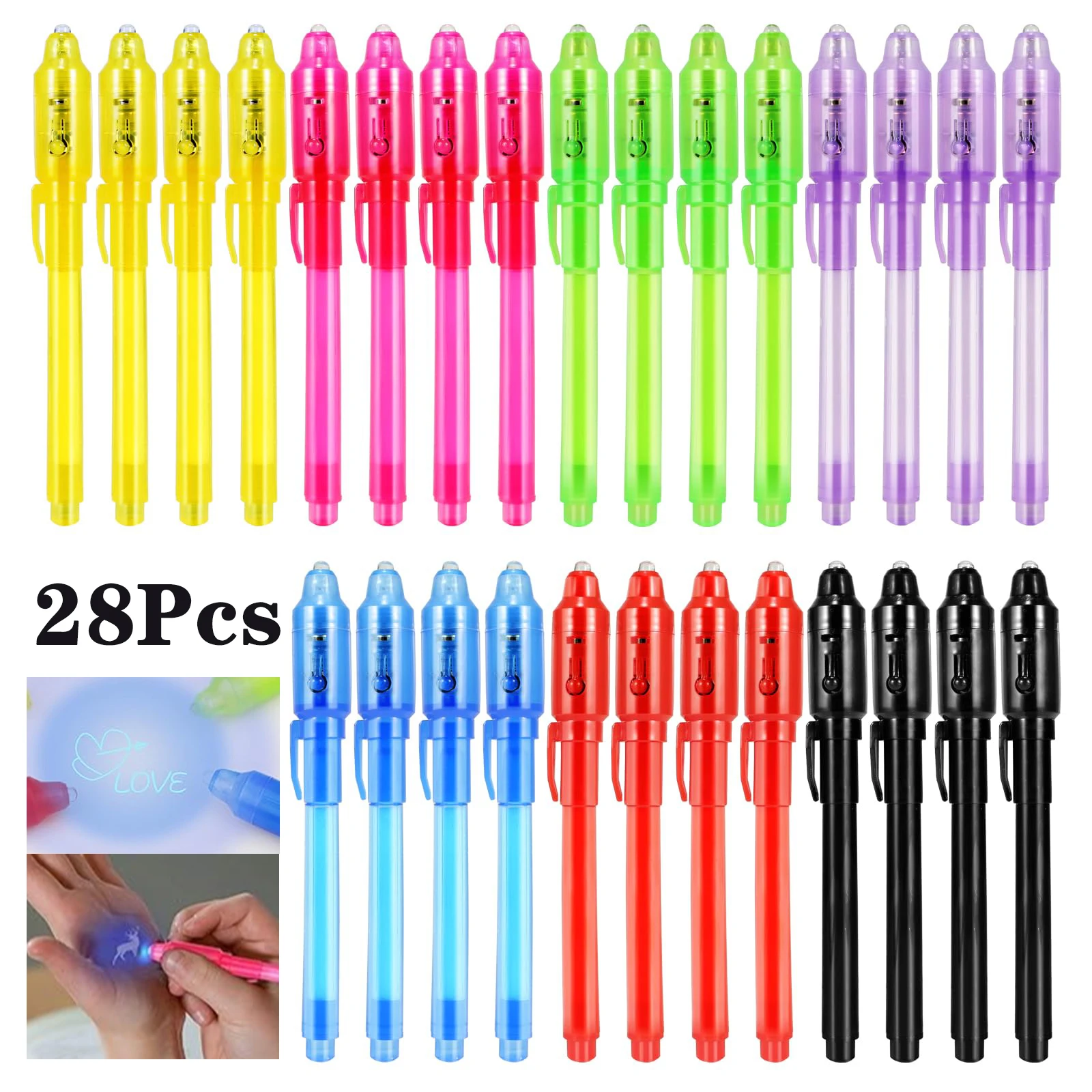 28PCS Invisible Ink Pens with UV light for kids 2 In 1 UV Graffiti Black Light Combo Creative Stationery