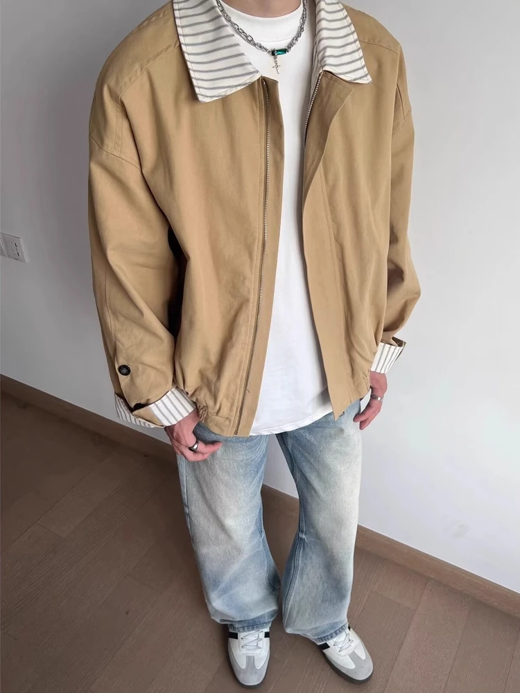 

American Retro Khaki Striped Patchwork Collar Jaet Loose Casual ex Outerwear Youth Long Sve Zipper Closure Coat