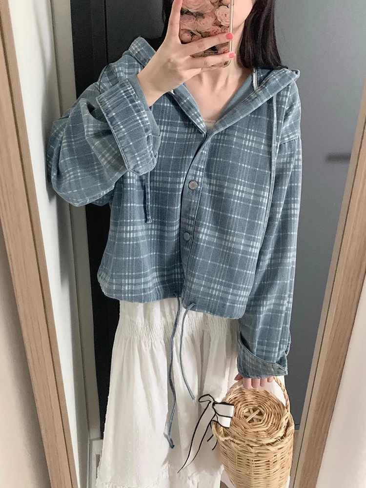 Chic Autumnal Plaid ort Denim Jaet Women's Casual Versatile Loose Fit Dstring Hooded Coat Commuter Sle Faionable