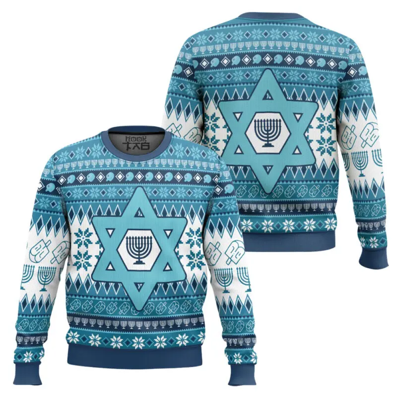 Weihnachts-Hirly-Pullover, Chanukka, Davids Star, jüdischer Laternenturm, Schneehirsch, Festival-Atmosphäre, weicher und bequemer Pullover