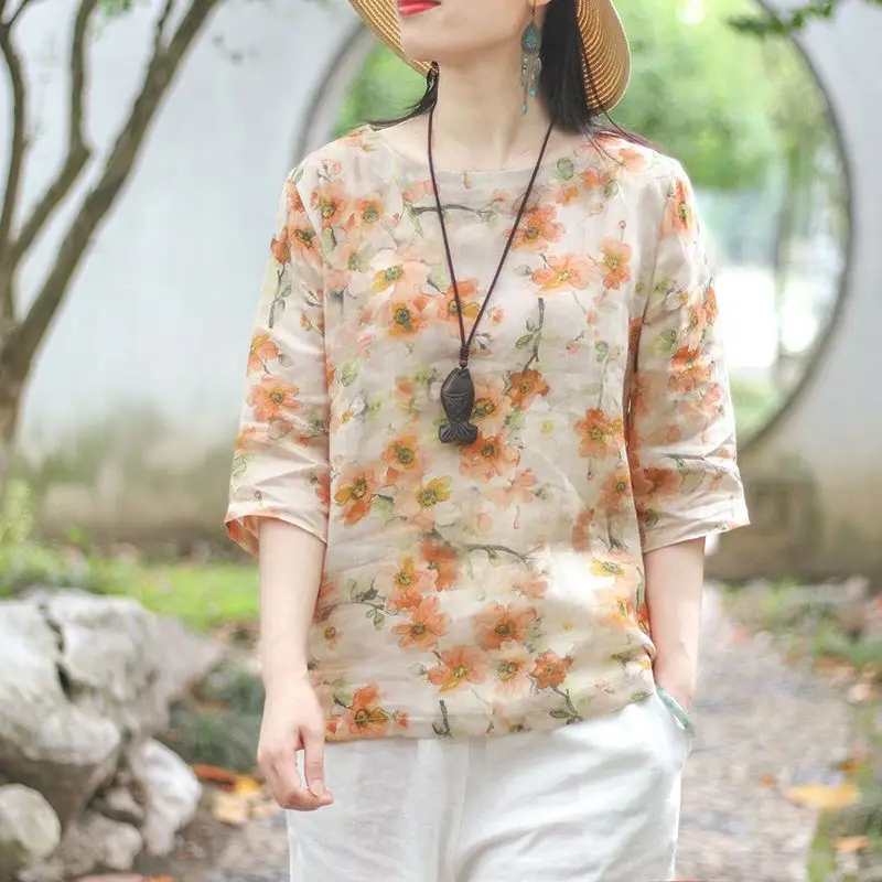 

2024 Summer Women Fashion Round Neck Loose Shirts Female Cotton Linen Printed Blouses Ladies Short Sleeve Casual Shirt Tops L40