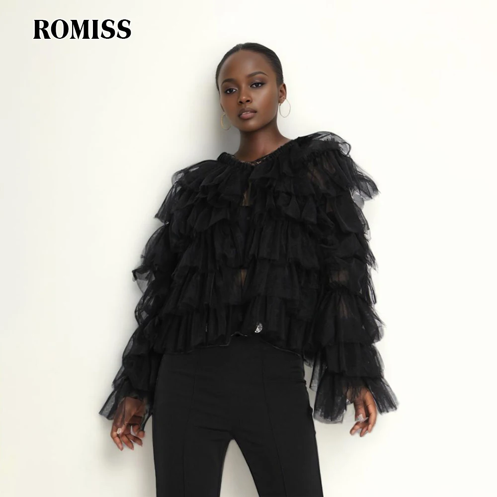 ROMISS Plain Patchwork Mesh Shirt For Women V Neck Long Sleeve Straight Single Button Casual Blouses Female 2024 Spring Style