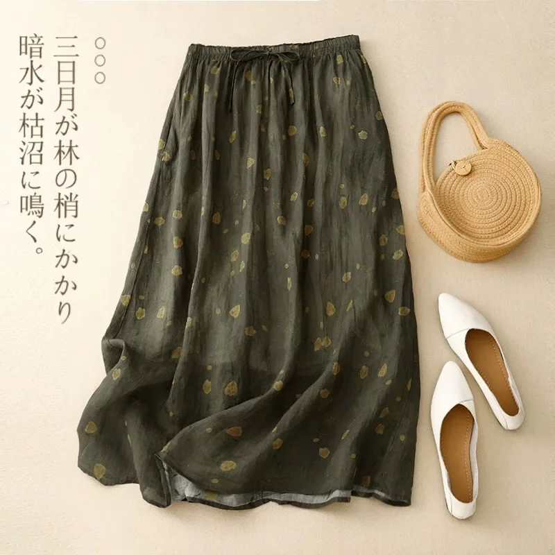 Vintage Women Skirts New Spring/summer Cotton Linen High Waist Loose Printed Chinese Style Skirt A-LINE Clothing 2024 Korean