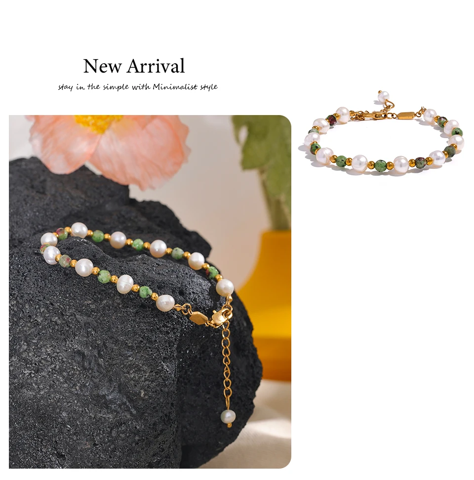 Yhpup Naturstein Süßwasserperlen Mode handgefertigt Edelstahl Charm Schmuck Armband Armreif für Frauen Geschenk wasserdicht – Detail 5
