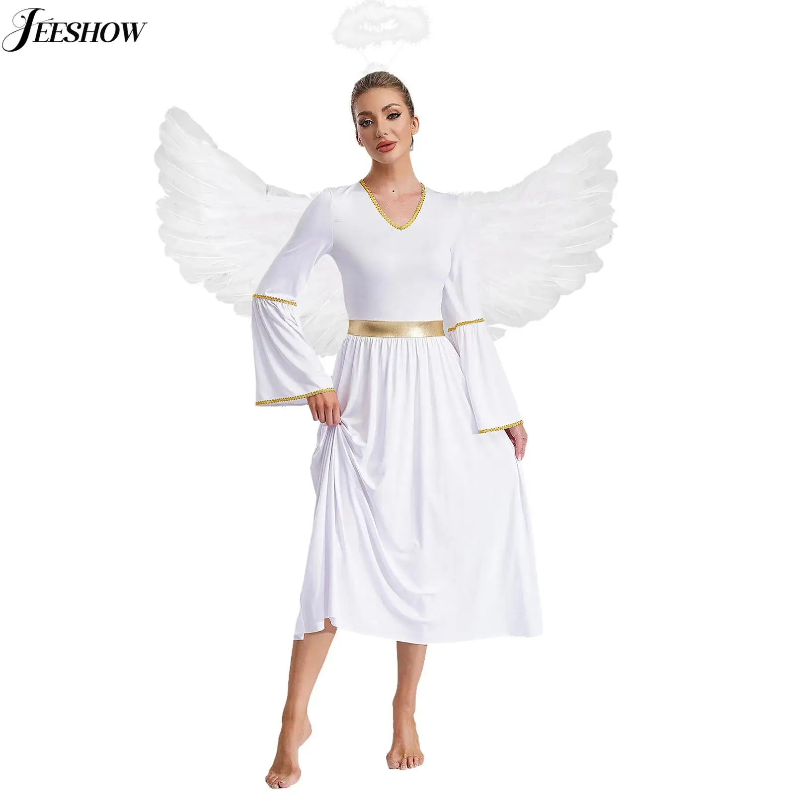 Disfraz de ángel de 3 piezas para mujer, vestido tipo túnica con ribete dorado, alas de ángel de plumas y tocado, vestido elegante para fiesta de máscaras de Halloween