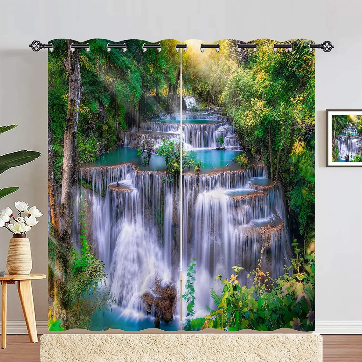 

3D Digital Printing Curtain for Kitchen, Short Window Curtains, Green Water and Green Mountains, Waterfall Scenery, 2 Panels