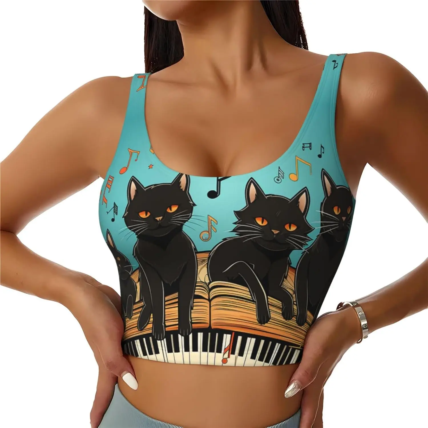 

Sports Bras for Women, U Back Removable Womens Tank Tops Cats Lying On The Piano Funny Yoga Print Workout Bras
