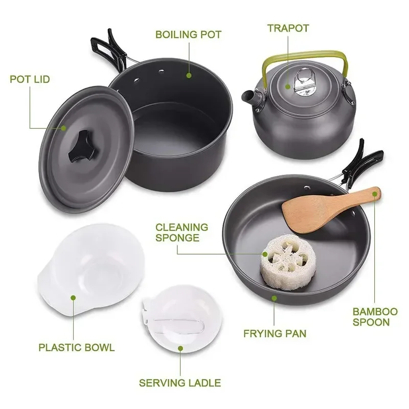 Camping Cookware Set Aluminum Outdoor Tableware Cookset Cooking Kit Pan Bowl Kettle Pot Portable Hiking BBQ Picnic Equipment