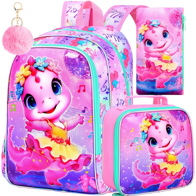 

3PCS Ballet dinosaur Backpack for Girls, 16 Inch Kids Cute Elementary School Backpacks for Kindergarten Toddler Travel