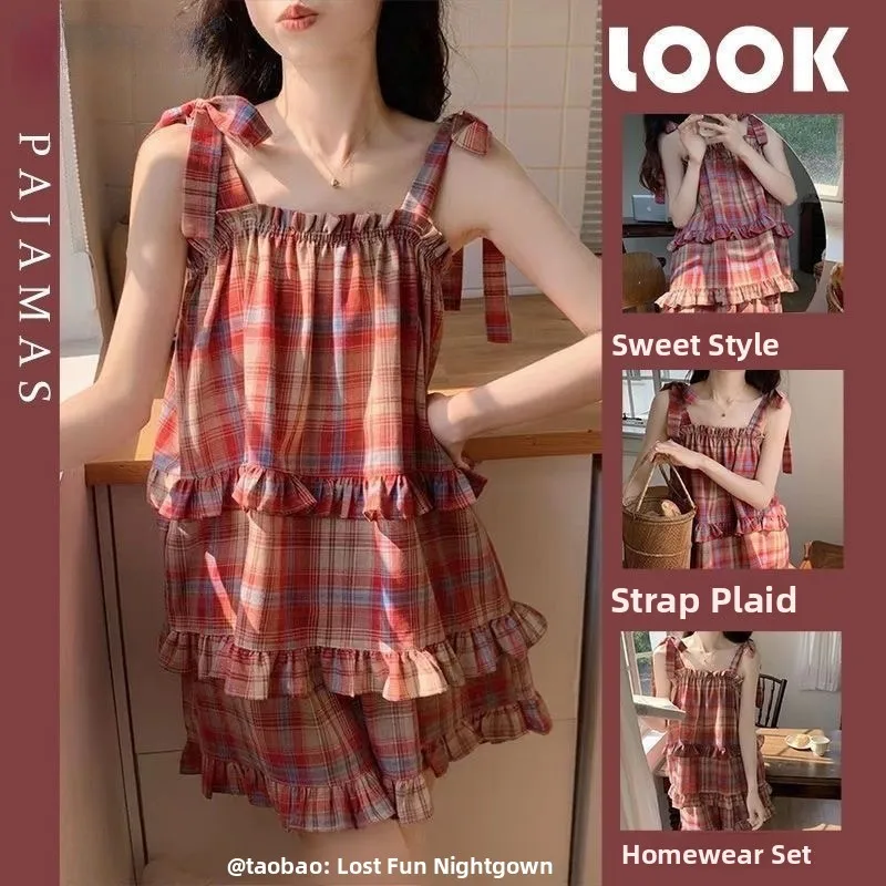 

Korean Style Plaid Sleepwear Women's Summer Strap Shorts Soft Home Clothes Set Sweet Cute Style Short Sleeve round Neck