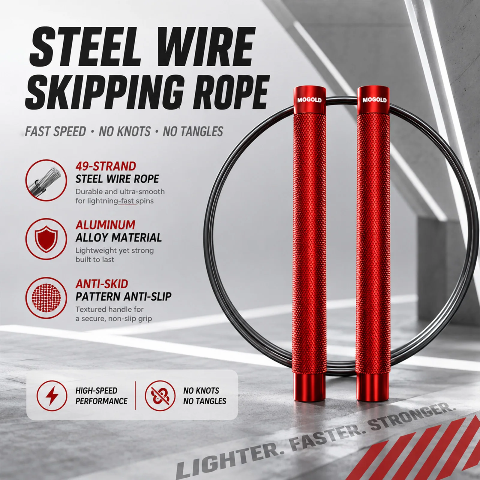 MOGOLD Professional Speed Steel Wire Skipping Rope | Tangle-Free 49-Strand Wire, High-Speed Bearings, Aluminum Alloy Handles