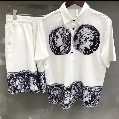 Retro Portrait Print Men's Shirts Suit 2026 Streetwear Hip Hop Tracksuit Set Casual Hawaiian Beach Holiday Short Sleeve Suit