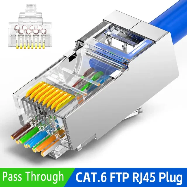 Złącze RJ45 Cat6 Przelotowe Ekranowane Pozłacane 8P8C Końcówki RJ45 Złącza Sieciowe UTP STP Do Kabli Jednożyłowych i Wielożyłowych