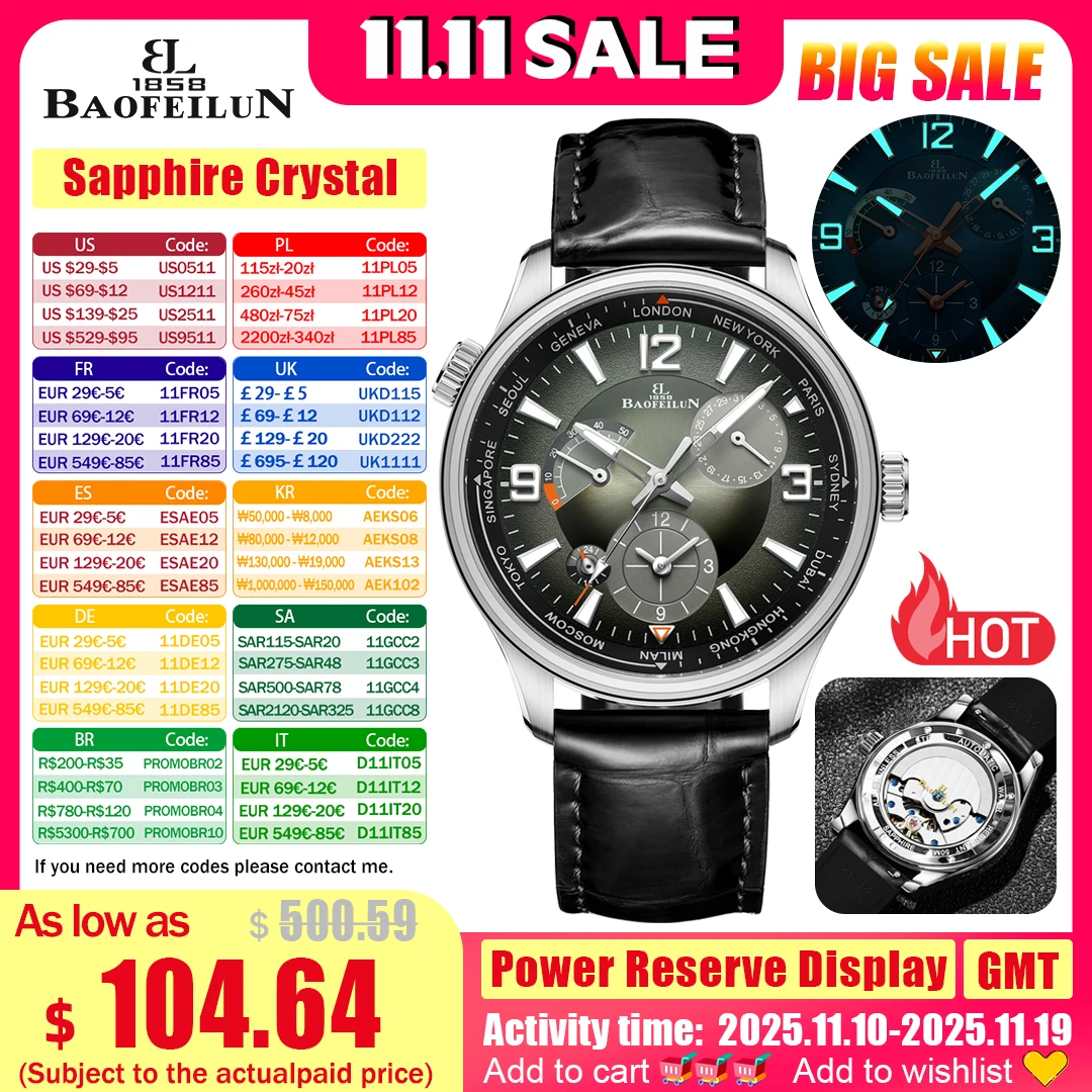 

BAOFEILUN Classic Automatic Watches for Men With GMT Power Reserve 43mm Sapphire Crystal Waterproof Date Luminou WristWatch Gift