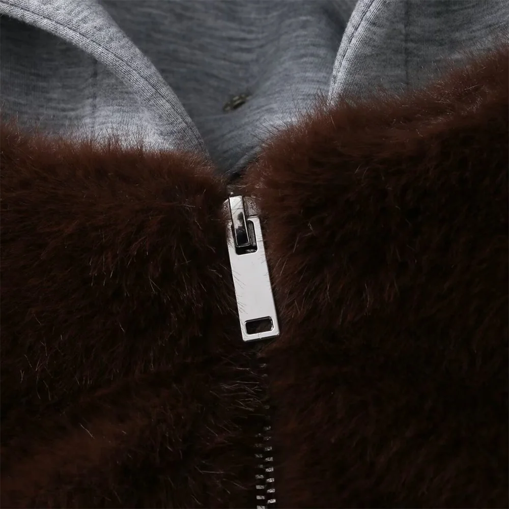 2025 겨울 신상품 여성 패션 캐주얼 휴가용 투피스 인조 퍼 효과 후드 재킷 코트