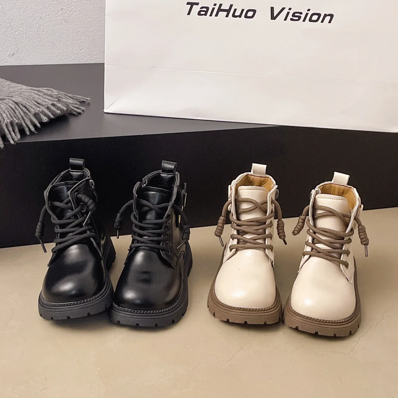 Girls Butterfly Buckle Decor Ankle Boots Lace-Up Zipper PU Leather Booties Non-Slip Rubber Sole Boots for Little & Big Girls