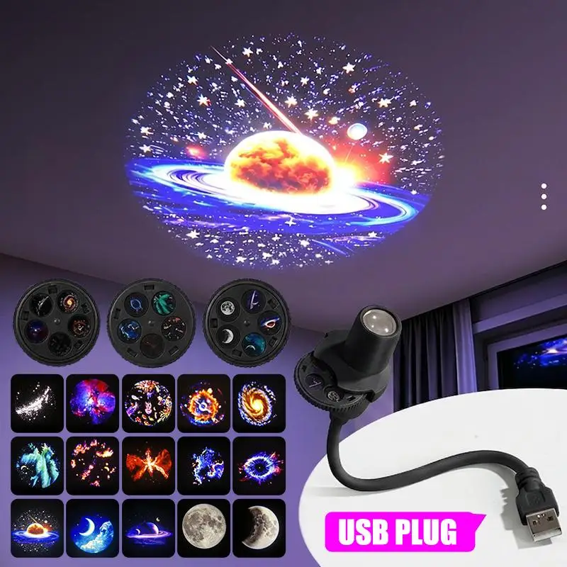 New-USB Powered Galaxy Projector Multi Planet Patterns Flexible Neck For Bedroom Decor Romantic Night Use