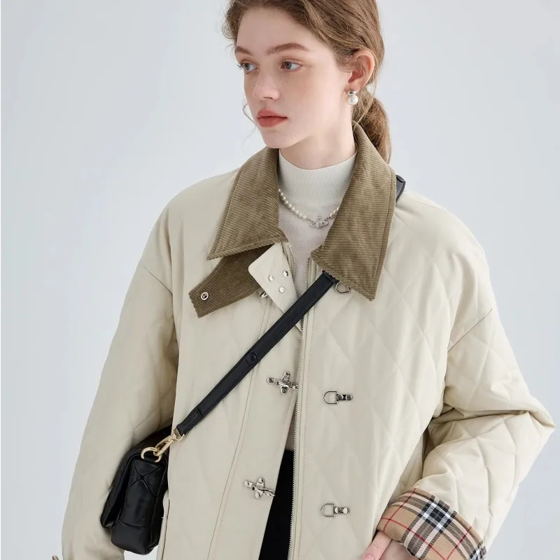 Square Collar Aircraft Button Cotton Jacket For Women In 2023 Winter Design, With A Patchwork Diamond Checkered Cotton Jacket