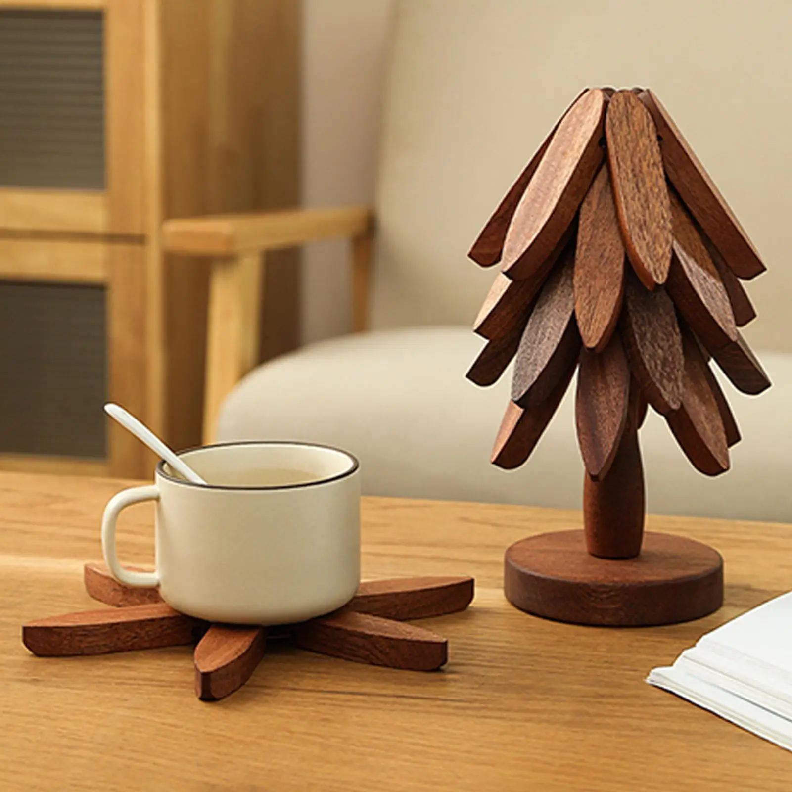 Baum Untersetzer aus Holz, zusammenklappbar, hitzebeständig, Holz, Weihnachtsbaum, Teekanne, Untersetzer, Tischschutz, Hot Pot Untersetzer, Heimdekoration