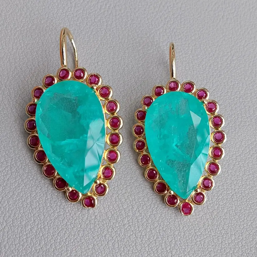 Y·YING Boho Drop Earrings Blue Quartz Fuchsia Cz Teardrop Hook Dangle Earring Jewelry