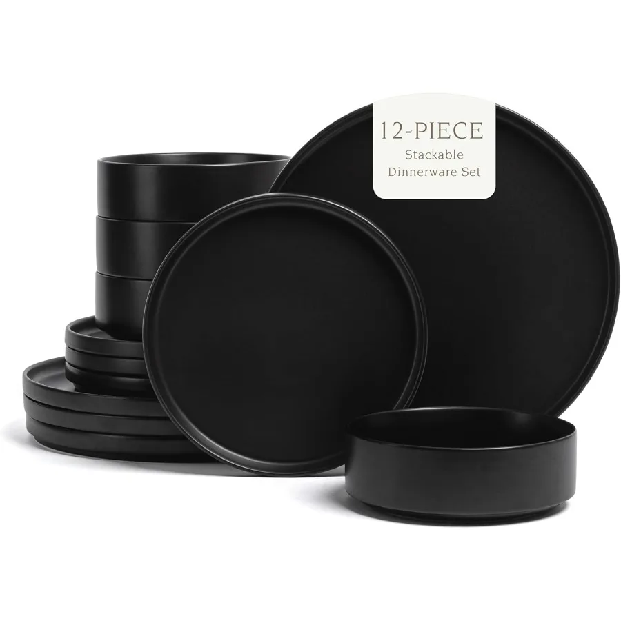 

12Piece Stackable Stoneware Dinnerware Set Includes 4 Dinner Plates 4 Salad Plates 4 Cereal Bowls and 4 Dinner Bowls Durable an
